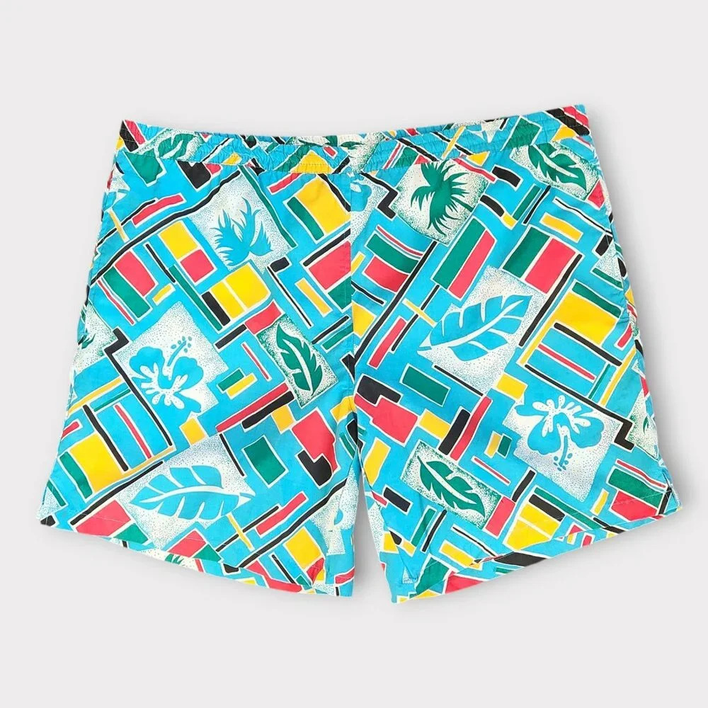 Vintage Hugo Valentino Mens Swim Trunks 1X Side Pockets 80s Print